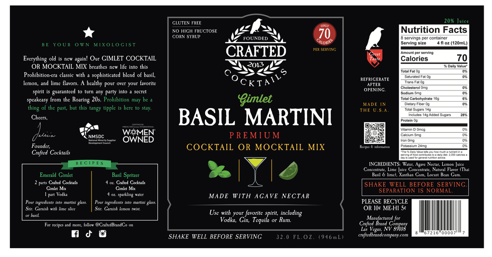 Basil Martini "Gimlet" Cocktail or Mocktail Mix